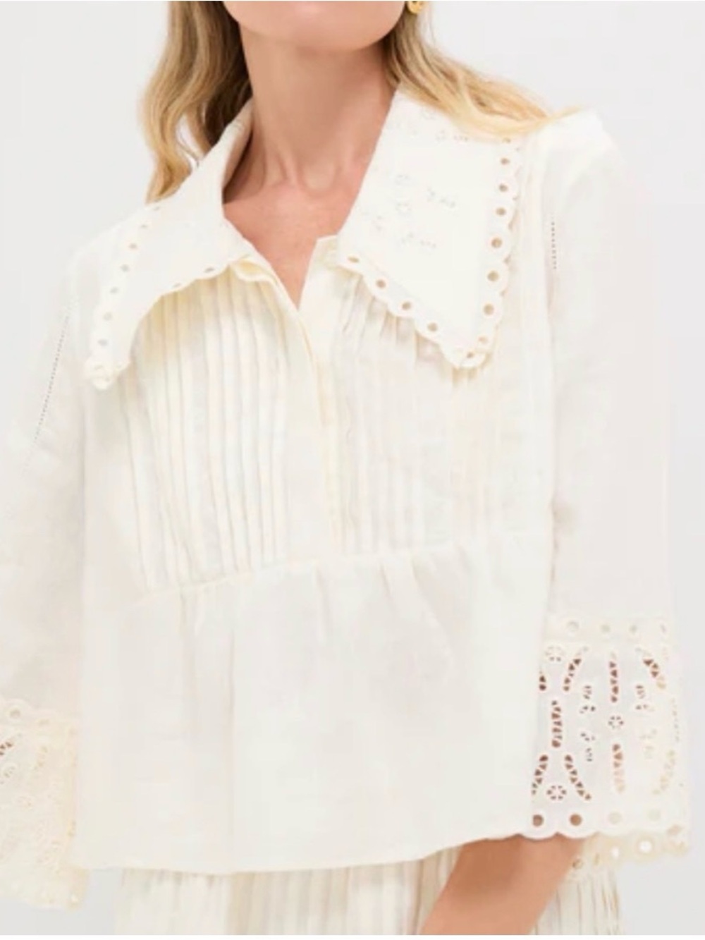 Tuckernuck White 3/4 Sleeve Crop Blouse with eyelet collar & Skirt Set Linen S - Picture 6 of 6